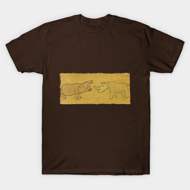 Gentle Giants - Rhino and Hippo Drawing on Tribal Pattern T-Shirt by ibadishi